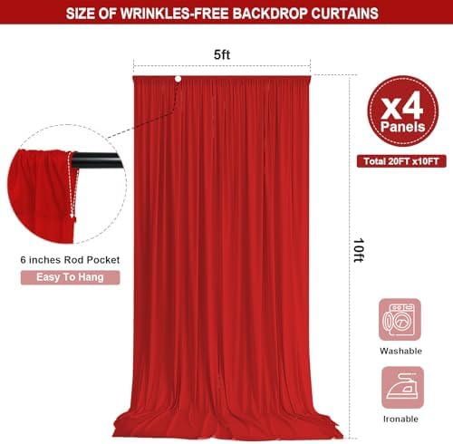 Red Backdrop Curtain - 20x10FT Back Drop Curtains for Parties Wrinkle-Free Soft Polyester Photo Backdrop Wedding Decorations Photoground Backdrop Stain-Resistant for Back Drop Stand, 4 Panels - Image 2
