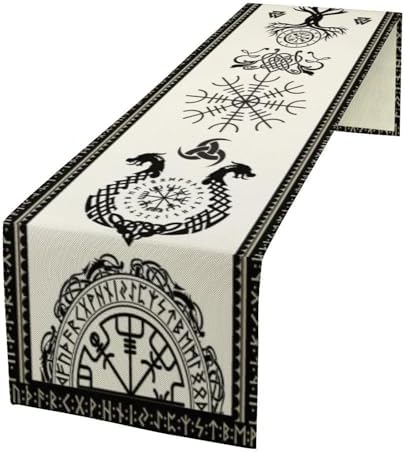 Viking Pattern Table Runner, Celtics Tree of Life Helmet of Awe Magic Warrior Norse Dragons Seasonal Dinner Runner for Farmhouse Party Holiday Home Kitchen Dining Table Decor 13"x70" by SHElifestyle