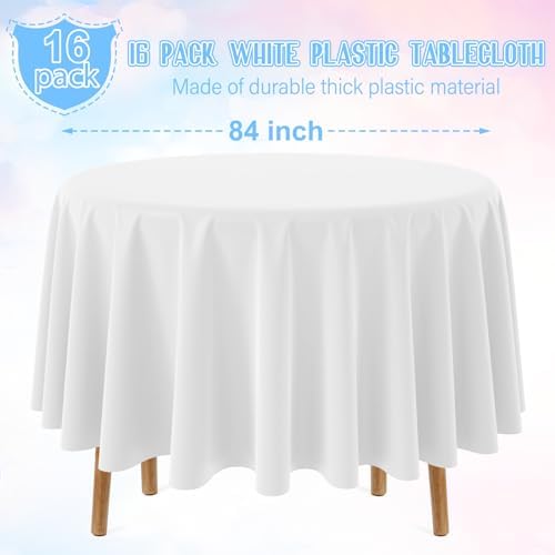 16 Pack White Plastic Tablecloth for Round Tables, Premium Decorative White Disposable Table Cloths for Parties, Bulk Round Party Table Cover for Birthday Wedding Anniversary Graduation, 84 Inch - Image 2