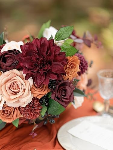FACINOC Artificial Flowers Orange Burgundy Fake Flowers Dahlia Roses Bulk - Image 5