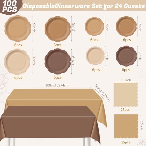 LemonRoad 100 Pcs Gradient Brown Paper Plates Napkins Tablecloth Set for 24 - Image 2