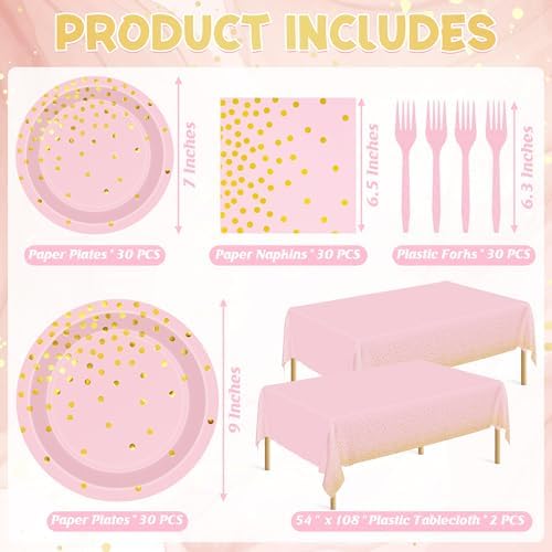 122 Pcs Pink Plates and Napkins Party Supplies, Birthday Decorations for Women Serves 30, Girl Baby Shower Decorations with Wedding Paper Plates, Golden Pink Party Supplies with Fork and Tablecloth - Image 2