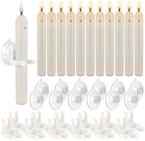 12 Flameless Led Taper Windows Candles with Sensor Dusk to Dawn & Ivory Striped Candlesticks with Suction Cups, Roman Column Christmas Window Candle Battery Operated for Home Decor by CAKETYCG