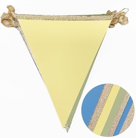 Champagne Gold Dusty Blue Sage Green Yellow Pennant Banner Flag Olive Green Macaron Yellow Blue Hanging Glitter Paper Triangle Bunting for Birthday Wedding Shower Hen Party Decorations Supplies - Image 3
