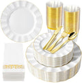 175PCS White Plastic Dinnerware Set, Wavy Plates for 25 Guests by QualQuot