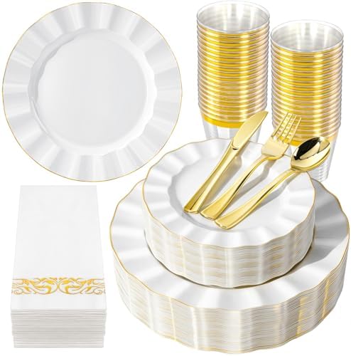 175PCS White Plastic Dinnerware Set, Wavy Plates for 25 Guests by QualQuot