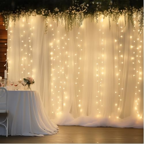 30×10ft Cream White Tulle Backdrop Curtain with Lights String for Parites, Sheer Photo Backdrop Curtains for Wedding Party Photography Background - Image 3