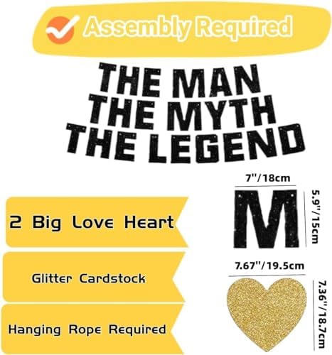 The Man The Myth The Legend Banner Birthday Party Decoration Photobooth For Farewell Retirement Father's Day Hanging Garland Kit Bunting - 10pcs Balloons Adult Black Gold Glitter - Image 2