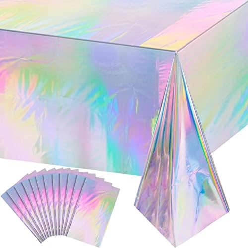 12 Pack Iridescence Plastic Tablecloths Shiny Disposable Laser Rectangle Table Covers Holographic Foil Tablecloth Iridescent Party Decoration Birthday Bridal Wedding Christmas 54" x 108"(Laser) by EnjoyYourFunnyParties