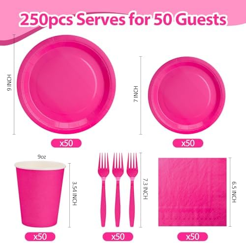 250Pcs Hot Pink Paper Plates and Napkins Supplies, Include 9’’Paper Party Plate, 7’’Dessert Plates Cups Napkins Forks Sets for Birthday, Anniversaries, Wedding, Picnics, Serves 50 - Image 2