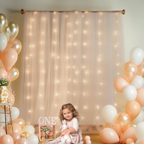 20ft x 10ft Champagne Backdrop Curtain with Lights String for Parties, Sheer Tulle Wedding Photo Backdrops Drapes for Baby Shower Birthday Party Decorations Background for Photography - Image 5