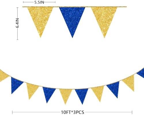 Royal Blue Gold Party Decorations Pennant Banner Flag Glitter Navy Blue and Gold Triangle Hanging Bunting for Birthday Graduation Bridal Shower Wedding Bachelorette Nautical Ahoy Achor Party Supplies - Image 2