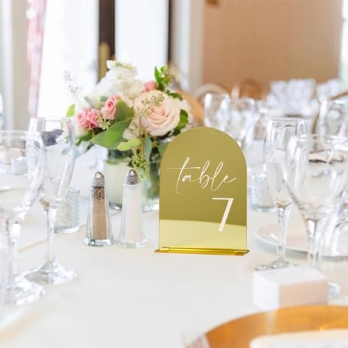 HOODO Gold Mirror Acrylic Wedding Table Numbers 1-10 with Stands, 5"x7" Arched Acrylic Signs and Holders, Gold Mirror Arch Table Numbers for Wedding Reception, Centerpiece, Party, Anniversary, Event - Image 6
