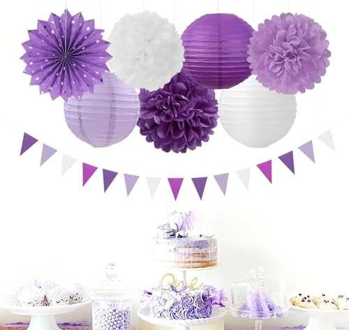 Lavender-Purple White Graduation Party Decorations - 20pcs Paper Lanterns Fans,Tissue Pom Poms,Honeycomb Balls,Birthday Wedding Bridal Baby Shower Engagement Bachelorette Decor Burgleda - Image 6