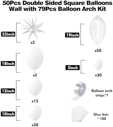 50pcs White Square Foil Balloons Wall Backdrop with 79pcs White Balloon Garland Arch Kit, Double Sided Balloon Tunnel for Birthday Anniversary Wedding Engagement Baby Shower Prom Decorations - Image 2