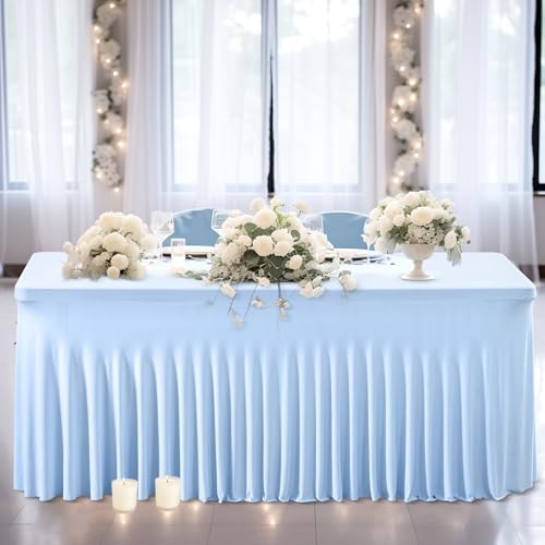 Wish Care 6 Pack Baby Blue Stretch Spandex Table Clothes for 4 Foot Rectangle Tables, 4FT Wrinkle Free Fitted Tablecloths Ruffles Design Table Cover for Party, Banquet, Wedding and Events - Image 4