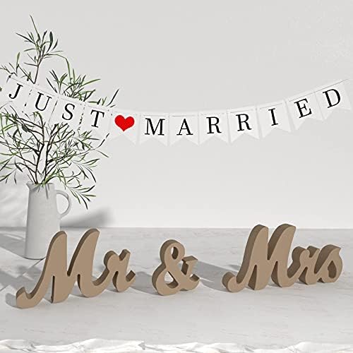 VIOPVERY Wooden Mr & Mrs Wedding Sign with Just Married Banner,Wood Color - Image 2