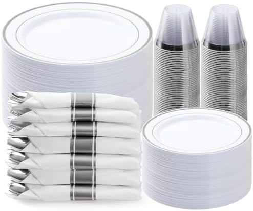 BESTVIP 350 Piece Silver Plastic Dinnerware Set for 50 Guests by Bestvip