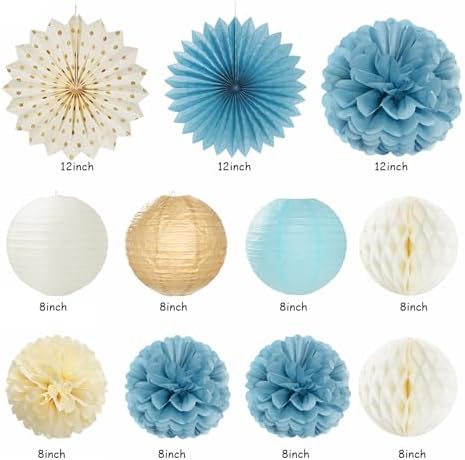 Light-Dusty Blue Boho Baby Shower Party-Decorations - 21pcs Beige Champagne Boy Neutral Welcome Baby Banner Decor,Paper Lanterns Pom Poms Fan Supplies,Streamers Garland Wall Backdrop Favors Huglony - Image 3