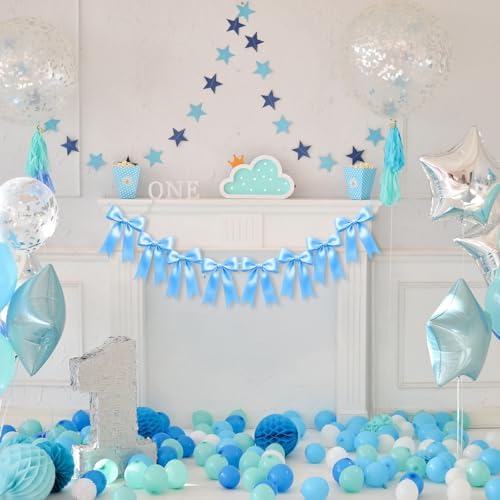 1 String of 8PCS Blue Bow Garland Banner Decoration,Pre-Strung Satin Ribbon Ornaments for Birthday,Bachelorette Party,Bridal Shower,Wedding,Engagement,Baby Shower,Graduation Decor,Anniversary - Image 4