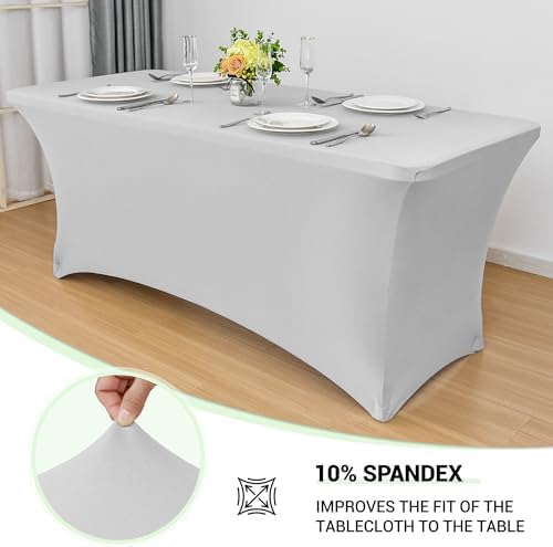 Obstal 8ft Stretch Spandex Table Cover for Folding Tables, 2 Pack, Silver - Image 2
