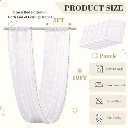 12 Panels White Ceiling Curtains with Lights for Weddings - 5ftx10ft Wrinkle-Free Tulle Fabric Wedding Arch Draping Fabric Ceiling Decorations for Wedding Party Ceremony Stage Tent Event - Image 4