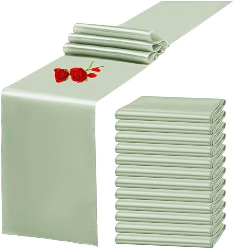 12 Pack Sage Green Satin Table Runner 12 x 108 Inch Long Premium Table Runners for Wedding Party Events Decoration，Birthday Parties, Banquets Decorations, Graduations, Engagements by YMHPRIDE