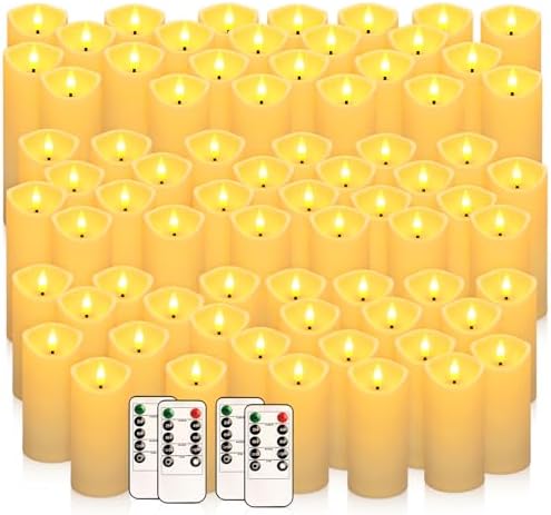 72 Pack Christmas Decoration Flickering Flameless Candles, Battery Operated Candles,Waterproof Outdoor LED Pillar Candles for Home ,Wedding,Halloween,Birthday,Valentine'sDay (D2.2 xH 5" 6" 7" Ivory) by fclayvts