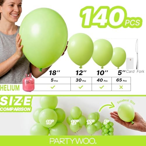 PartyWoo Lime Green Balloons 140pcs Light Green Balloons Different Sizes - Image 6
