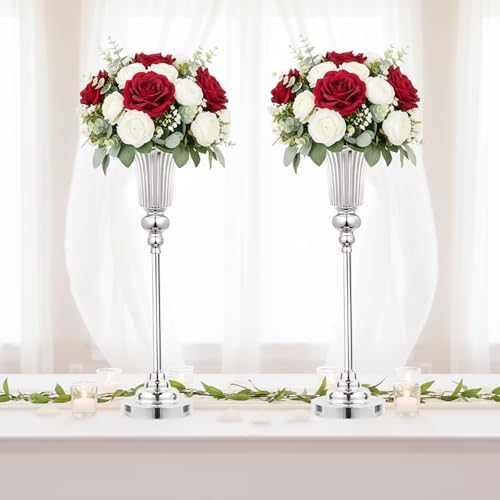 22.5inch Versatile Metal Wedding Centerpiece Vases - Set of 2 Tall Silver Trumpet Vases, Elegant Silver Centerpiece Stands for Road Leading Wedding Reception Party Event Anniversary Home Decor - Image 2