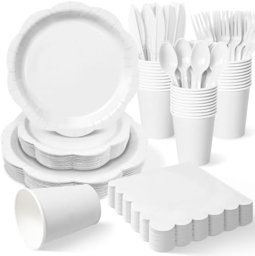 Disposable Party Supplies Set for 25/50 Guests, Heavy Duty Paper Plates & Napkins Set with Cups & Cutlery, 7" & 9" Decagonal Plates Tableware for Wedding, Birthday, Baby Shower (White, 175 Pcs) by Unknown