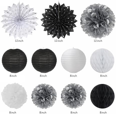 Black White Silver Birthday Party-decorations - 21pcs Boys Men Happy Banner,Paper Streamers Lanterns Honeycomb,Tissue Pom Poms Fan,Adult Supplies Decor 16th 20th 40th 45th 50th 60th Huglony - Image 2