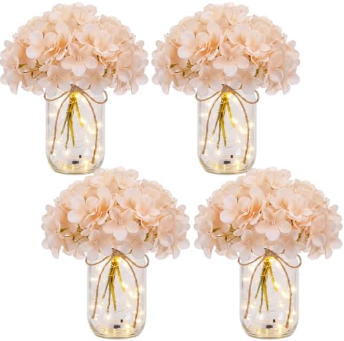 4 Sets Mason Jar Centerpiece with LED Lights and Champagne Hydrangea Fake Flowers Vase for Wedding Bridal Shower Party Coffee Table Decor by Tianxunewtig