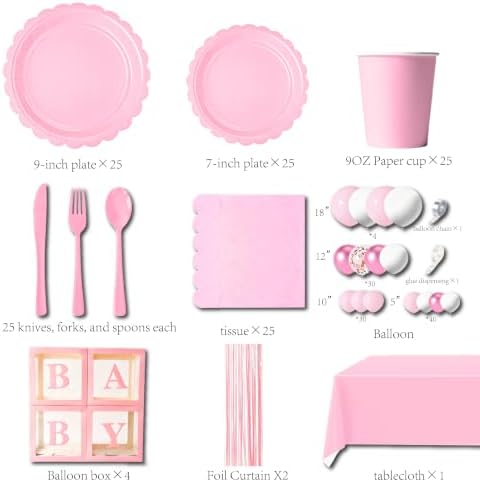 287PCS Pink Party Decorations Set, Complete 25 Guests Disposable Tableware Kit with Plates Cups Napkins Cutlery, Tablecloths, Foil Curtains, Balloon Boxes & Mixed Size Balloon Arch Kit - Image 2
