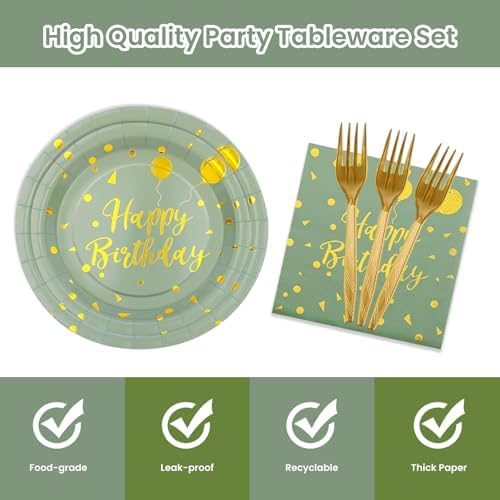 96PCS Happy Birthday Plates and Napkins Party Supplies, Sage Green and Gold Disposable Paper Plates and Napkins with Forks Tableware Set for Birthday Party Decorations 24 Guests (Birthday Sage Green) - Image 3