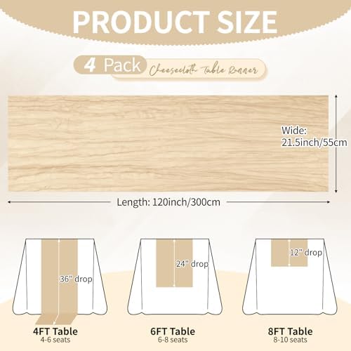 4 Pack Beige Cheesecloth Table Runner 10Ft, Gauze Table Runners 21.5 x 120 inch,Semi Sheer Cheese Cloth Fabric Runner Bulk for Wedding,Party,Baby Shower,Bridal Shower - Image 2