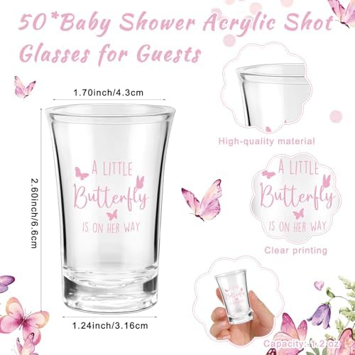 50 Sets Baby Shower Favors Shot Glasses Keychain Gifts, Butterfly, Pink - Image 2