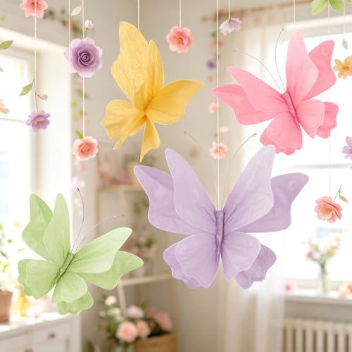 3D Hanging Butterfly Decorations Butterfly Party Decorations 4PCS Pastel Large Paper Butterfly Decorations for Girls Women Wedding Backdrop Birthday Flower Garden Party Decor - Image 2