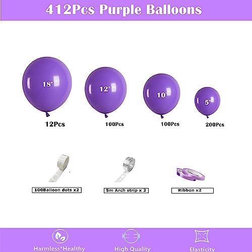 412pcs Purple Balloons 18 12 10 5 Inch Purple Balloon Garland Arch Kit Different Sizes Matte Latex Balloons for Baby Shower Birthday Wedding Party Decorations - Image 2