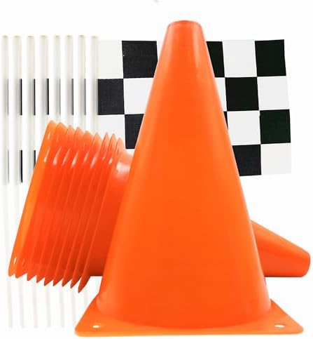 Race Car Birthday Party Decorations - 7inch Orange Race Cones(Holes on Top) with Checkered Flags,12 Traffic Cones, 24 Racing Black and White Flags,Racecar Theme Two Fast Centerpieces Supplies(36PCS) by YOELVN