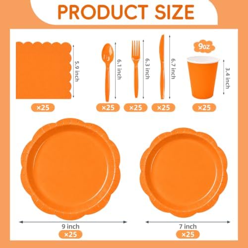 Orange Party Dinnerware Set, 175 Pcs Disposable Decagonal Paper Plates, Cups, Napkins and Plastic Cutlery, Serves 25 for Halloween, Thanksgiving and Fall Parties - Image 5