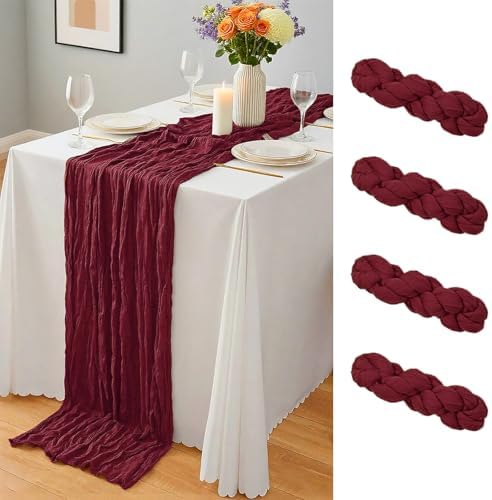 4 Pcs Burgundy Christmas Cheesecloth Table Runner 10Ft, Gauze Table Runners 21.5 x 120 inch, Semi Sheer Cheese Cloth Fabric Runner Bulk for Wedding,Party,Baby Shower,Bridal Shower by Yemosa
