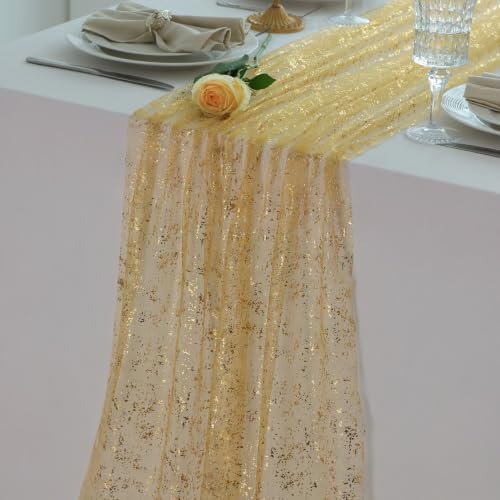 3Pcs Champagne Gold Table Runner Sparkling Metallic Foil Sheer Gauze 10ft by Snowkingdom