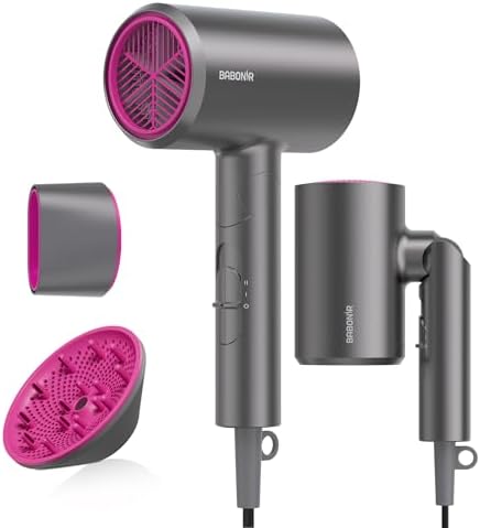 BABONIR 1875W Hair Dryer with Diffuser, Foldable, Ionic Blow Dryer, Gray by BABONIR