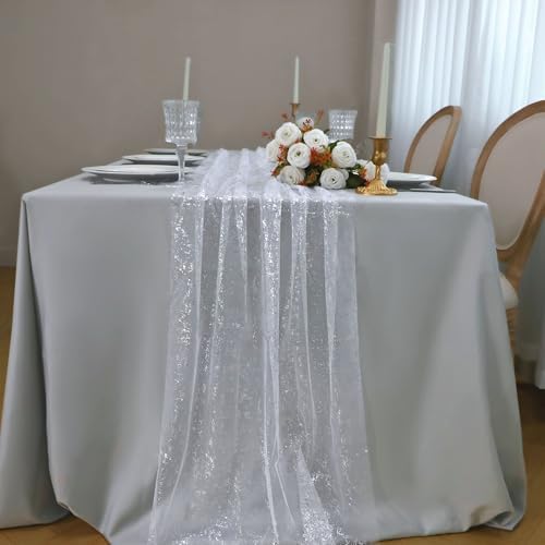 Snowkingdom White Silver Table Runner Gauze Sheer Tulle 10 FT 120 Inch Sparkly Metallic Foil Glitter Sequin Party Table Decor Centerpieces for Party Wedding Bridal Baby Shower Christmas New Year - Image 6