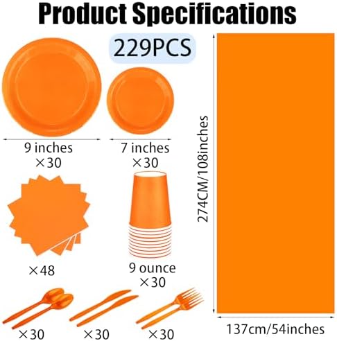 229PCS Orange Party Supplies Set Disposable Paper Plates Cups - Image 2
