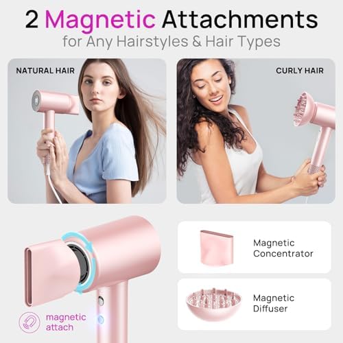 CONFU Hair Dryer, 110000 RPM Fast Drying Blow Dryer with Magnetic Diffuser and Concentrator, Professional Lightweight Ionic Hair Dryer for Women and Men Pink - Image 6