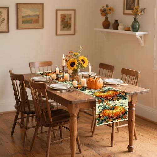 13x72 Inch Fall Table Runner - Orange Polka Dot Pumpkin Eucalyptus Wood Design, Festive Autumn Home Party Kitchen Decor - Image 2