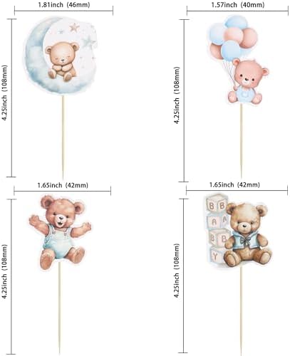 Gyufise 32Pcs Baby Shower Bear Cupcake Toppers Moon Baby Bear Baby Shower Cake Topper Decorations Jungle Animal Theme Birthday Party Cake Supplies Blue Pink - Image 3