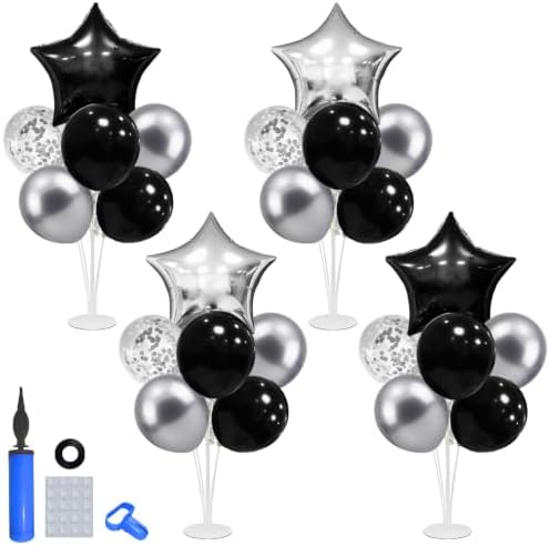 New Years Eve Party Supplies, 4 Set Black Silver Balloon Stand Kit by Klyroish